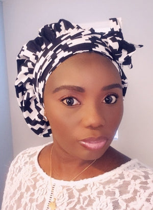 3-in-1 Ankara Print Head Tie Bonnet ( Black & White )