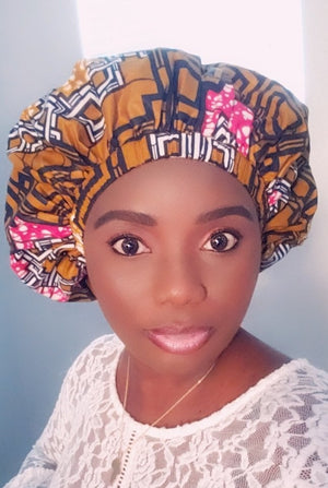 3-in-1 Ankara Head Tie bonnet ( brown/black/pink)