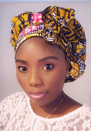 3-in-1 Ankara Head Tie bonnet ( brown/black/pink)