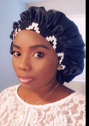 3-in-1 Ankara Print Head Tie Bonnet ( Black & White )