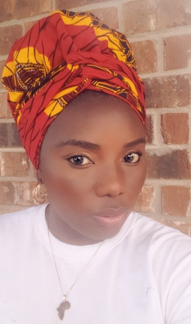 3-in-1 Ankara Print Head Tie Bonnet ( Red & Yellow )