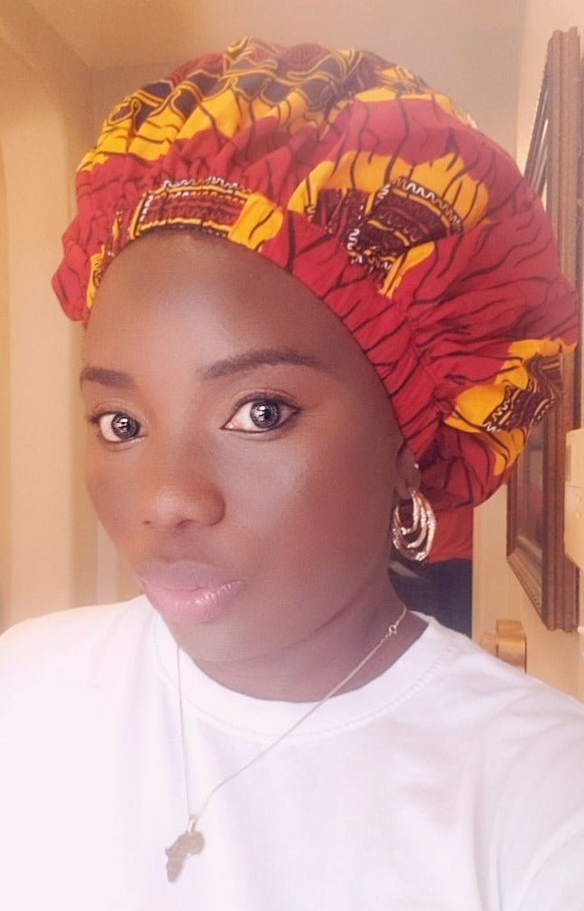 3-in-1 Ankara Print Head Tie Bonnet ( Red & Yellow )