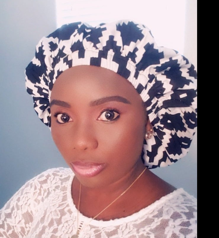 3-in-1 Ankara Print Head Tie Bonnet ( Black & White )