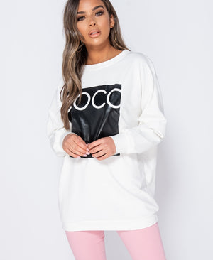 Coco Print Oversized Sweatshirt (White)
