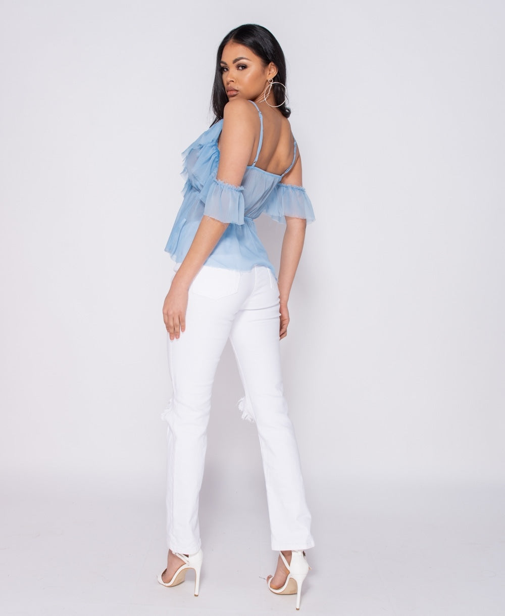 Frill Detail Tie Front Cold Shoulder Blouse Top