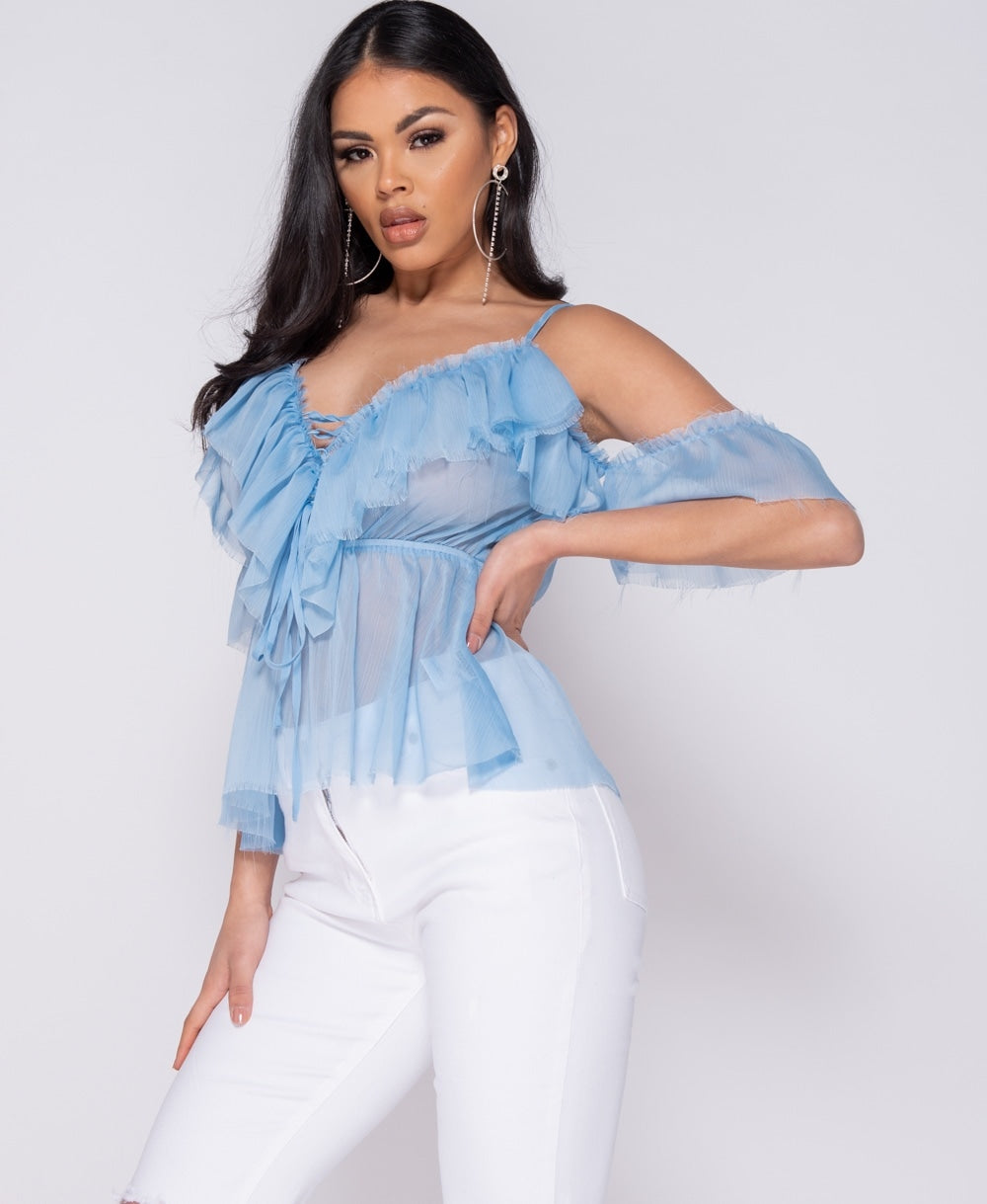 Frill Detail Tie Front Cold Shoulder Blouse Top