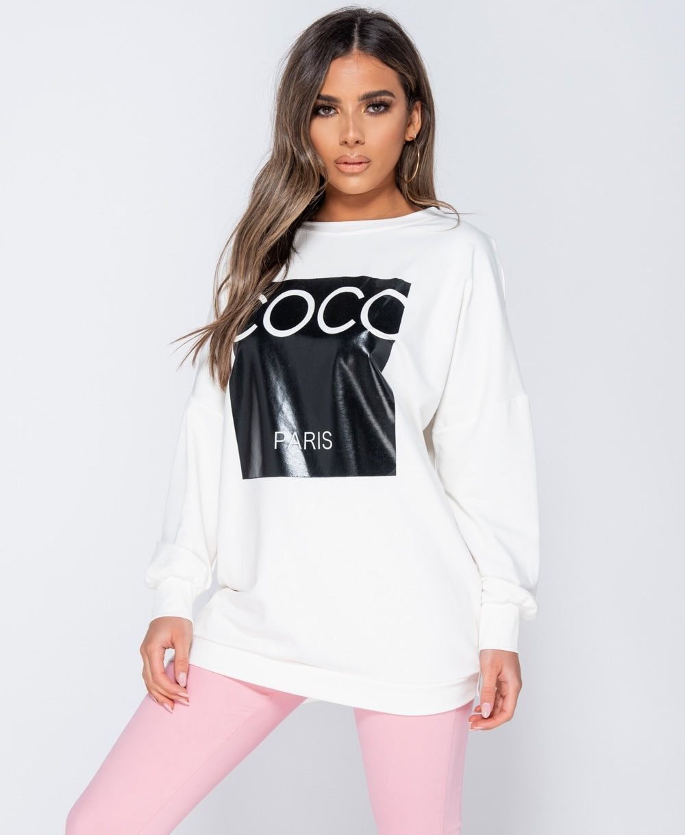 Coco Print Oversized Sweatshirt (White)