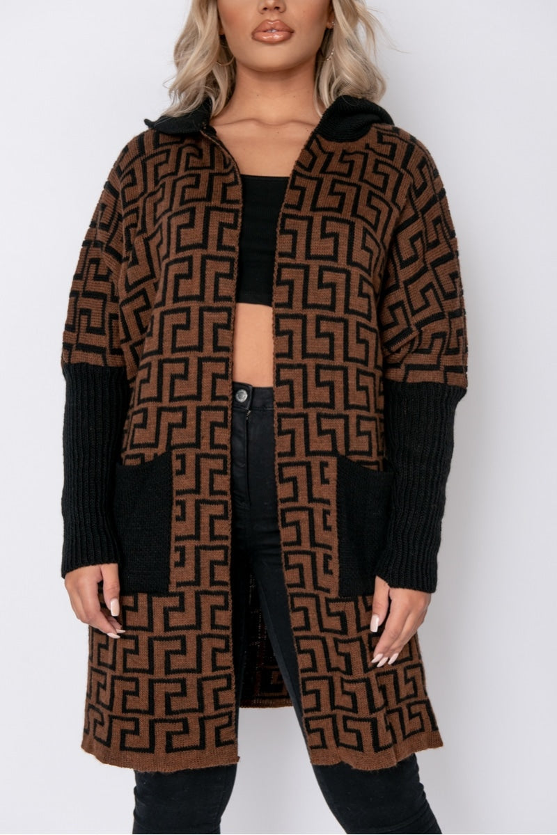 Brown & Black White Geometric Hooded Cardigan