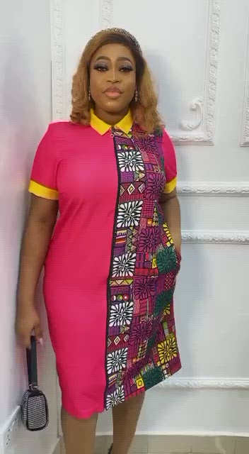 Print-Solid Shift Dress With Collar