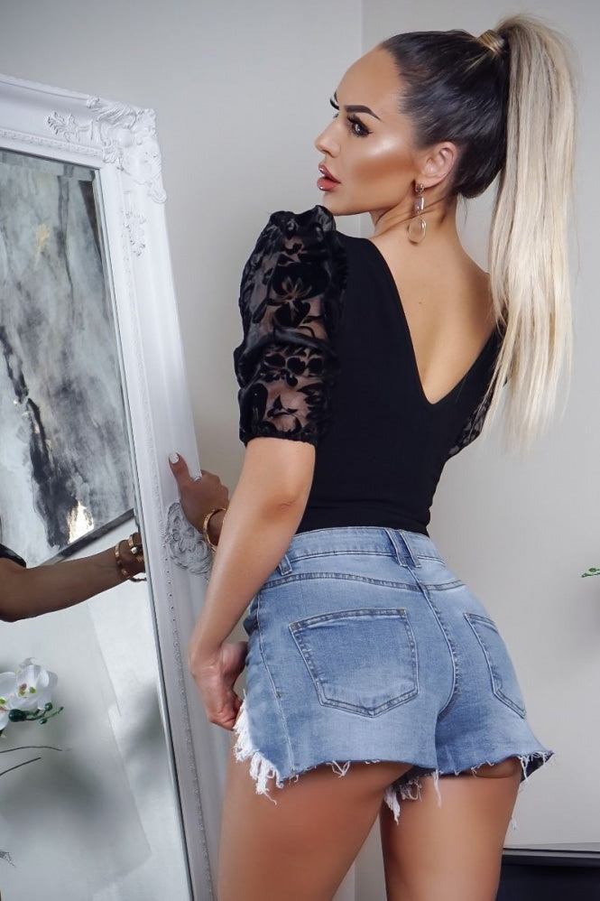 Flock Floral Print Plunge Neck Bodysuit