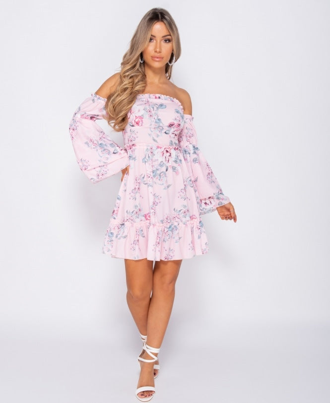 Floral Frill Detail Bardot Mini Dress