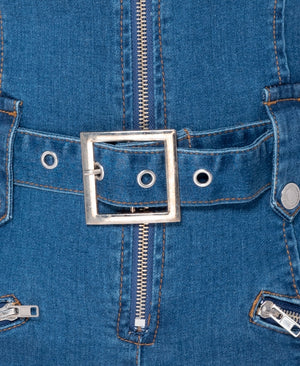 Denim Zip Front Self Belt Sleeveless Jumpsuits