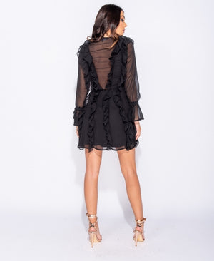 Multi Ruffle Lace Up Front Long Sleeve Mini Dress