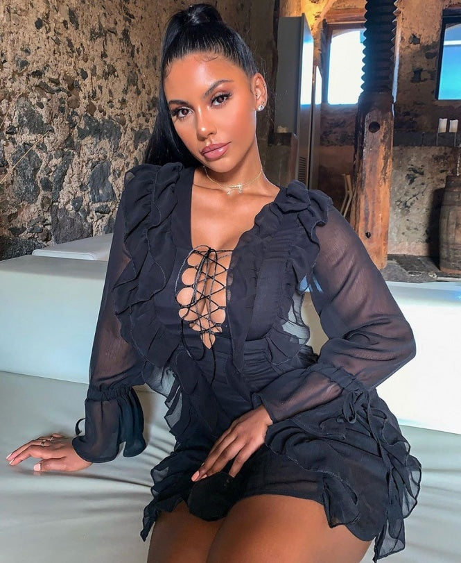 Multi Ruffle Lace Up Front Long Sleeve Mini Dress