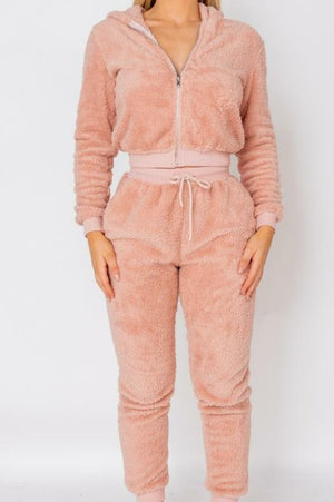 Pink Teddy Cropped Top & Jogger Lounge Set