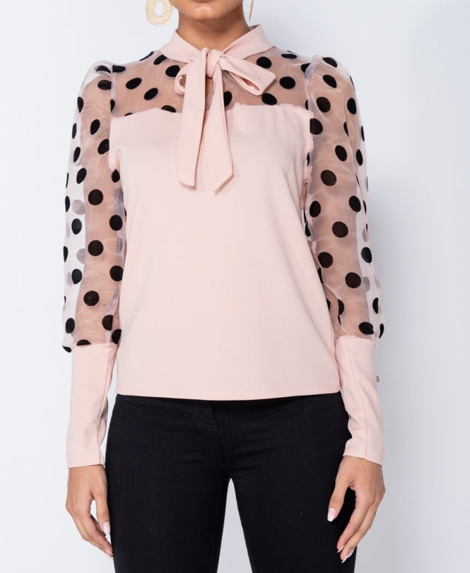 Polka Dot Organza Sleeve Tie Neck ( Nude)