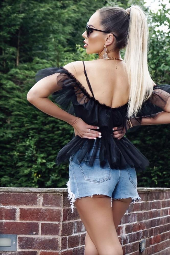 Frill Detail Tie Front Cold Shoulder Blouse ( Black)