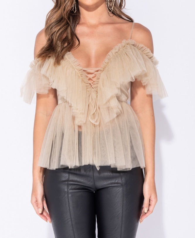 Frill Detail Tie Front Cold Shoulder Blouse ( Gold)