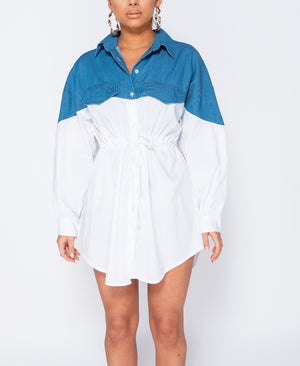 Denim & Poplin Belted Shirt Dress