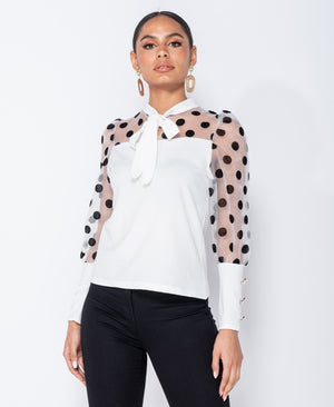 Polka Dot Organza Sleeve Tie Neck ( White)