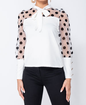 Polka Dot Organza Sleeve Tie Neck ( White)