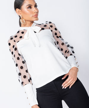 Polka Dot Organza Sleeve Tie Neck ( White)